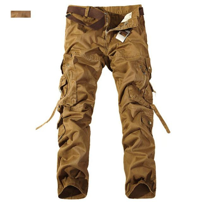 2016 New Men Workout Style Multi Pocket Cargo Pants Combat Casual Cotton Loose Long Straight Trousers Plus Size