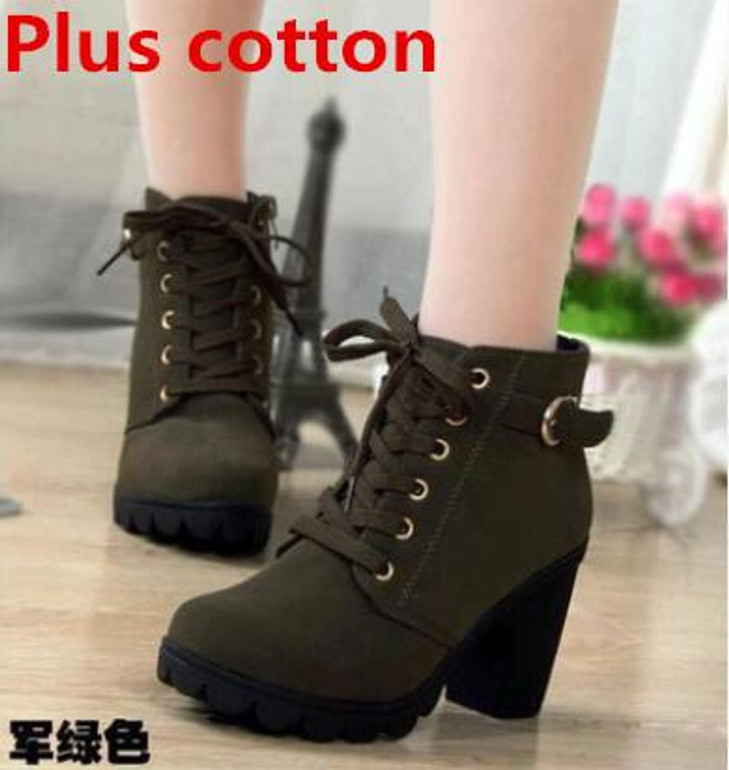 2016 New Autumn Winter Women Boots High Quality Solid Lace-up European Ladies shoes PU Leather Fashion Boots Free Shipping