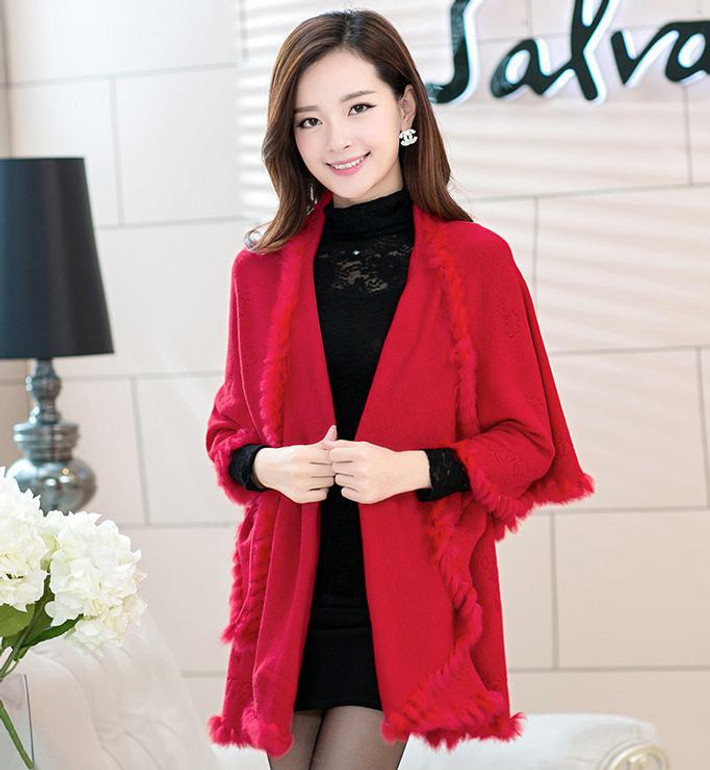 2016 New Autumn Winter Style Women Cashmere Poncho Cape Coat Fake Fox Fur Oversized Long Knitted Cardigan Sweater MY14
