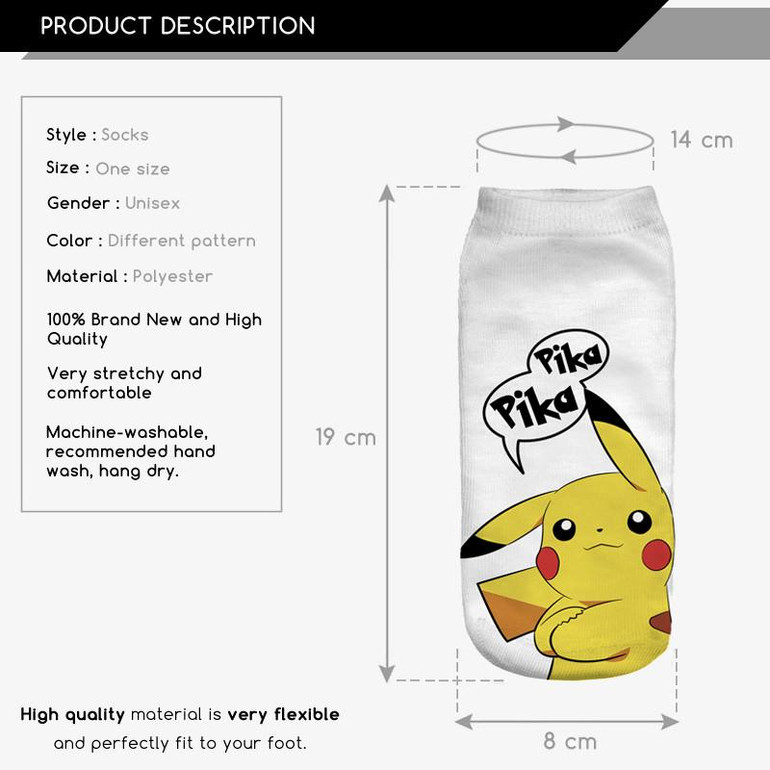 2016 New Arrival  Harajuku Pokemon Sock 3D Printed Cartoon Women's Socks Pikachu Novelty Low Cut Ankle Cute Socks Meias