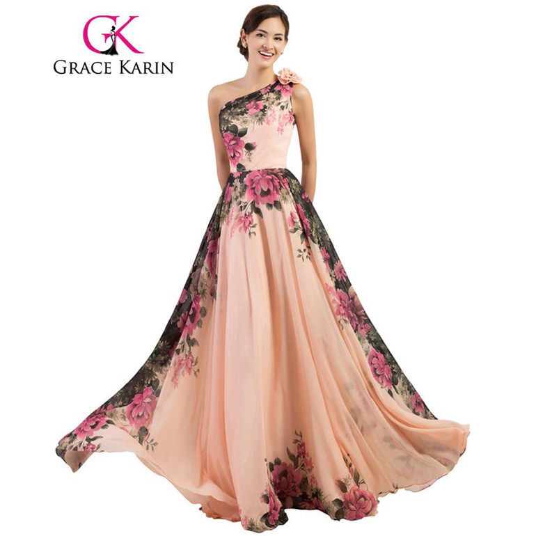 Grace Karin Sexy One Shoulder Long Evening Dress Floral Flower Pattern Long Party Dress Evening Gowns Chiffon 2017 Grace Karin Sexy One Shoulder Long Evening Dress Floral Flower Pattern Long Party Dress Evening Gowns Chiffon 2017