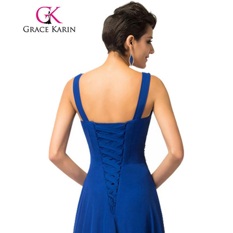 Grace Karin Royal Blue Evening Dresses Deep V Neck Chiffon Sequin Elegant Long Evening Gowns Formal Party Dresses Robe De Soiree