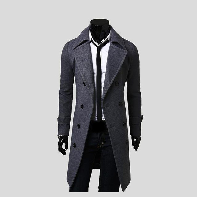 ForeMode 2017 Trench Coat Men Solid Color Long Trench Coat Mens Trench Coat Slim Fit Trench Double Breasted Overcoat 3 Colors