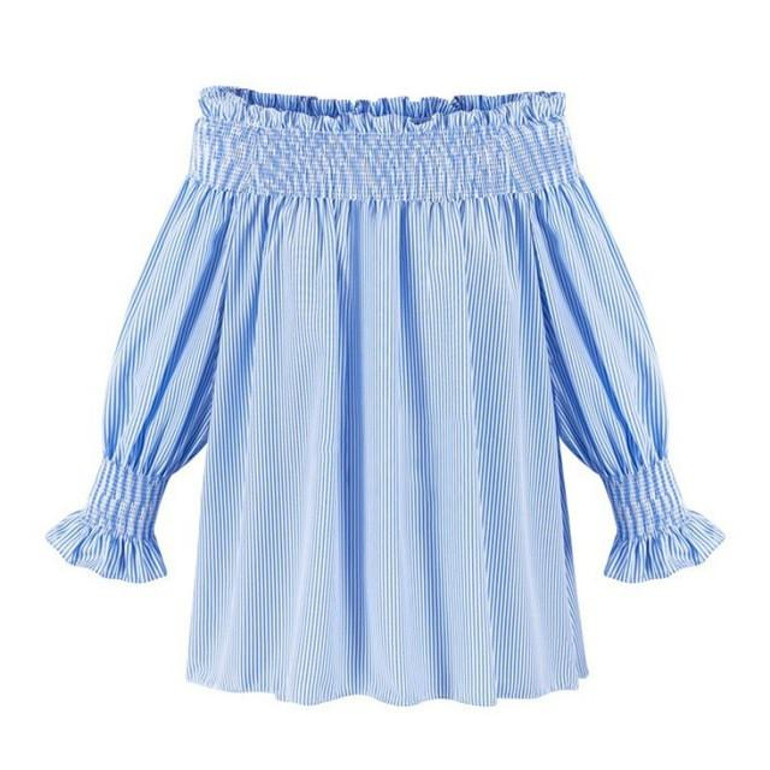 Elegant Blue Off Shoulder Female Blouse Shirt Girls Gray White Blouses Women Striped Tops XL-5XL