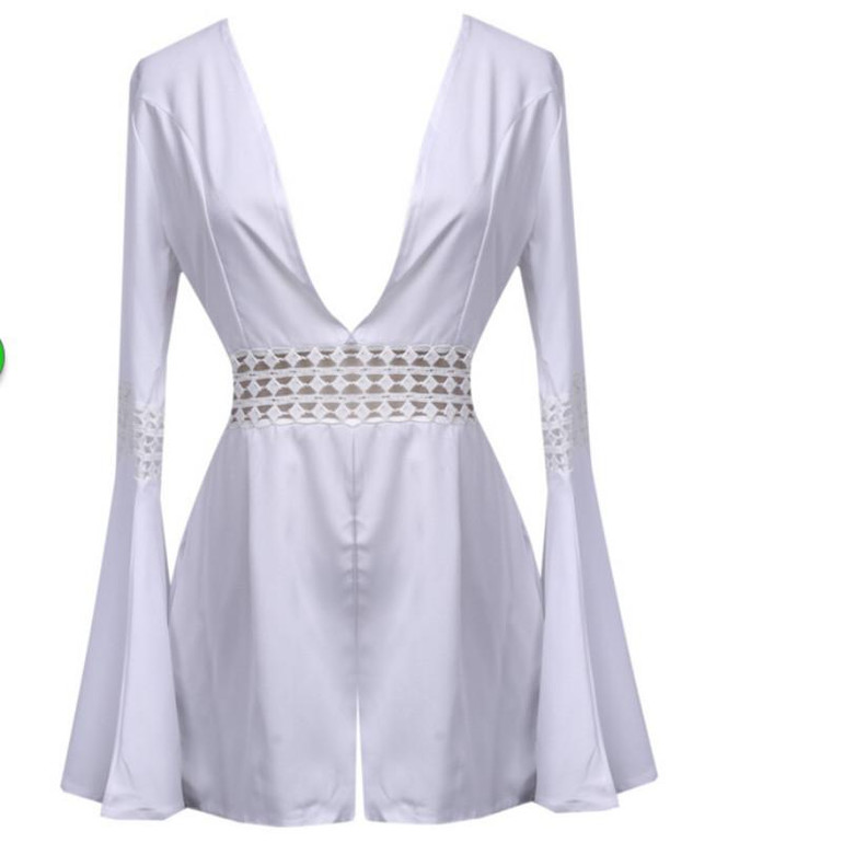 2016 Women Summer Fashion Sexy Celeb Lace Playsuit Party Long Sleeve Hollow Out White Playsuit
