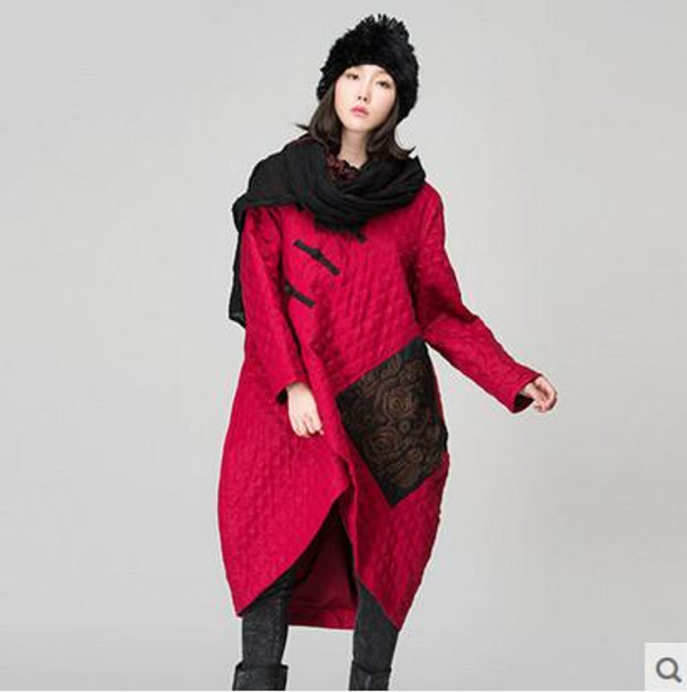 Jiqiuguer Ethnic women's loose plus size winter wadded jacket plate buttons outerwear female long Cotton Wadded CoatG154Y024