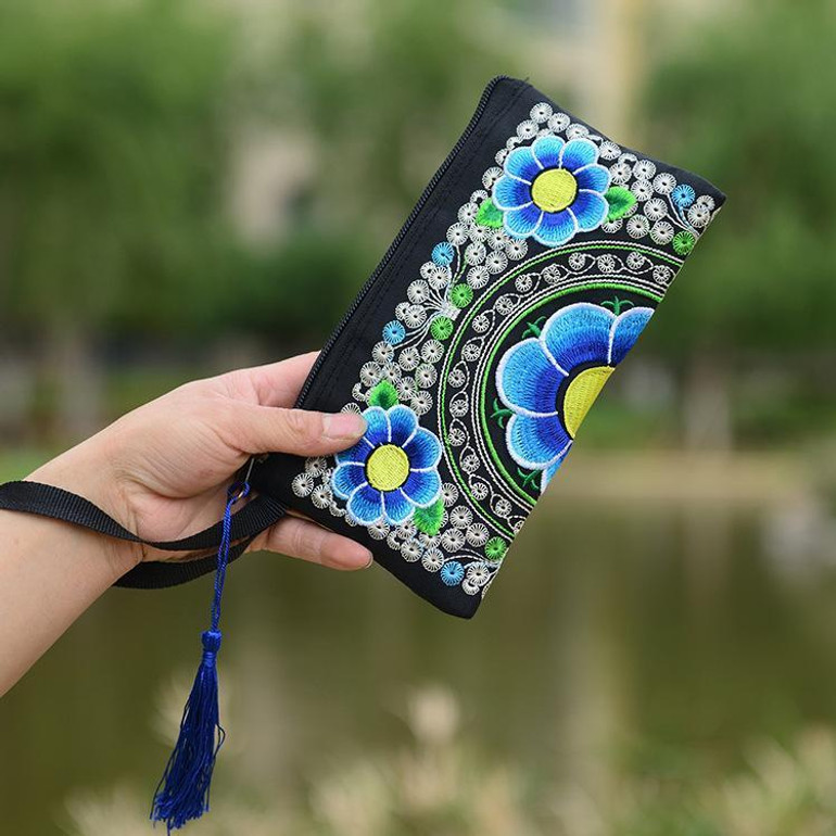 National Ethnic Style Women Wallets Small Embroidered Bag Traditional Handmade Double Flower Embroidered Long Wallet Coin Purse