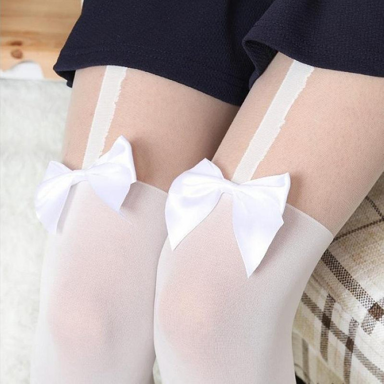 Popular Sexy Girl Women Sexy velvet Tights fake High Stocking Pantyhose Mock Bow Suspender High Knee Tattoo Tights