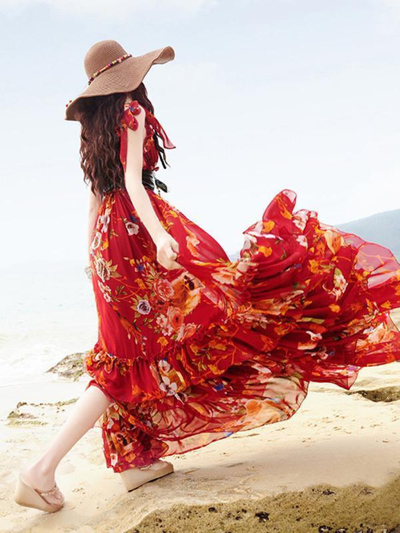 Popular Floral-Print Slim Fit Stripes V Neck Off-Shoulder Maxi Dress