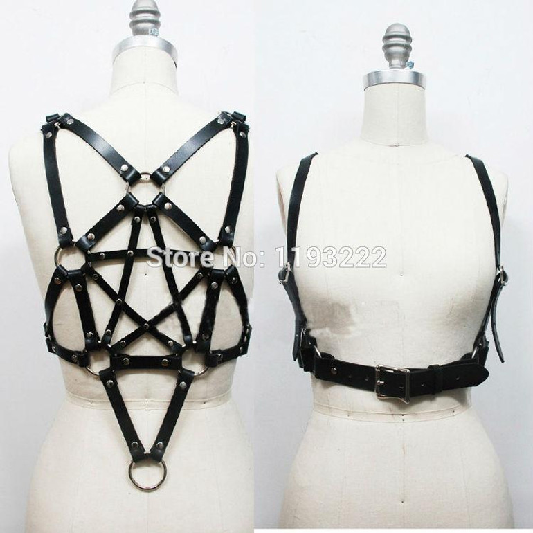 Unisex Handmade Fashion Leather Harness Stars Garters Pentagram Harness Body Bust Bondage Cage
