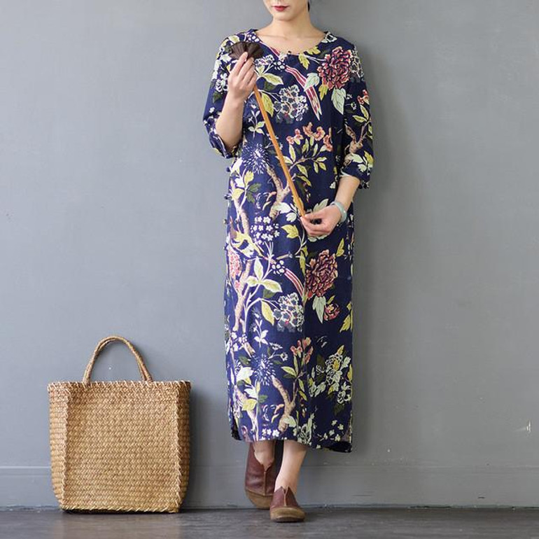 SCUWLINEN Vestidos 2017 Spring Autumn Women Dress Chinese Robes Vintage Print Plus Size Linen Dress Long Maxi Dress S30