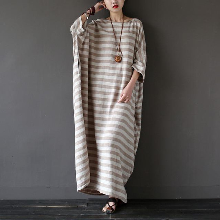 SCUWLINEN 2017 Summer Dresses Vintage Striped Batwing Sleeve Robe Maxi Long Loose Plus Size Women Dress Casual Linen Dress S193