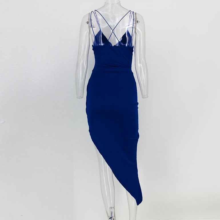 Santune Summer Asymmetrical Deep V Neck Split Blue Dress Backless Women Dress Sexy Apparel Party 2017 Club Bodycon Dresses