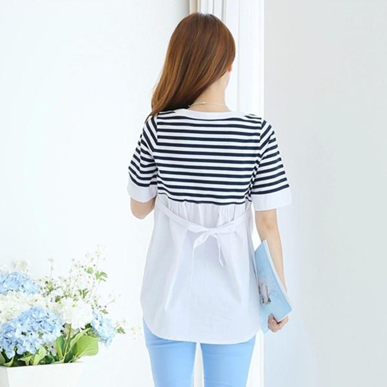 8178# Ties Waist Striped Patchwork Cotton Maternity Nursing Blouses 2017 Summer Breastfeeding Shirts Clothes for Pregnant Women