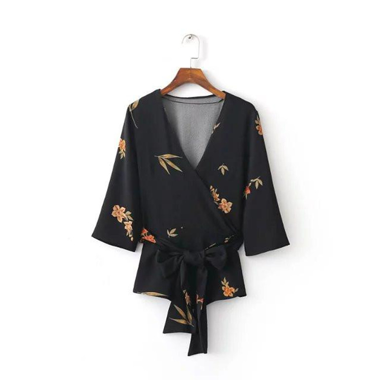 New Euro Fashion 2017 Women Vintage Retro V Collar Flower Printed Black Kimono Blouses Shirt Sashes Feminina Blusas Shirts Tops