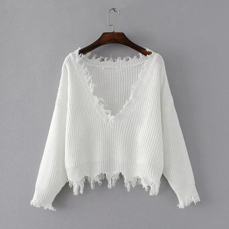 NOTEVILK Brand Irregular Sweater Woman Autumn Winter Knitted Pullovers 2017 Fashion Tassel Sexy Dark V-Neck Crop Sweater