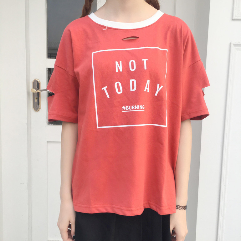 2017 Korean Style Letter Printed All Match Loose Causal Hole Short Sleeve Female T-shirts