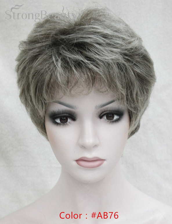 StrongBeauty Synthetic Short Curly Hair Puffy Natural Blonde/Silver Grey Wigs With Bangs For Women Many Color For Choose