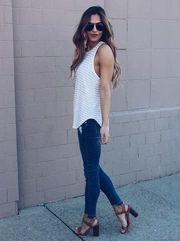 Striped Sleeveless Jumper Blouses&Shirts Top