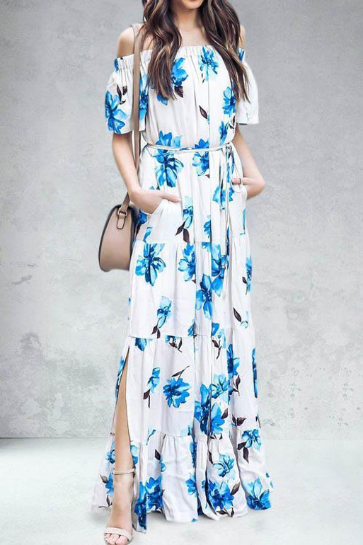 Chicnico Fashion Off Shoulder Short Sleeve Floral Slit Maxi Dress Chicnico Fashion Off Shoulder Short Sleeve Floral Slit Maxi Dress