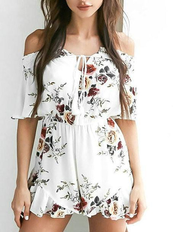 Chicnico Boho Floral Print Bateau Backless Off Shoulder Romper Chicnico Boho Floral Print Bateau Backless Off Shoulder Romper