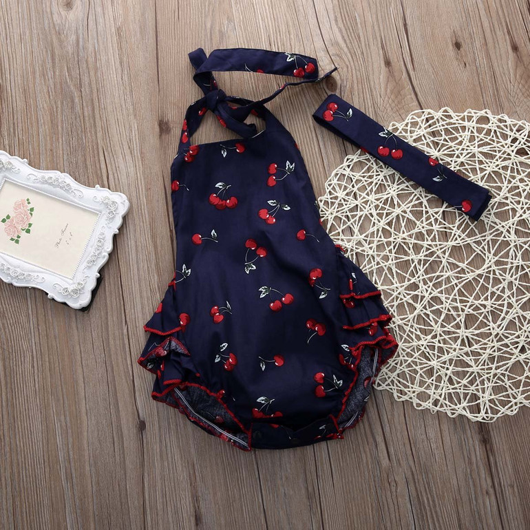 Ruffled Baby Rompers Girl Baby Costumes Set Kids Jumpsuit Cotton Cherry Printed Romper with bow headband