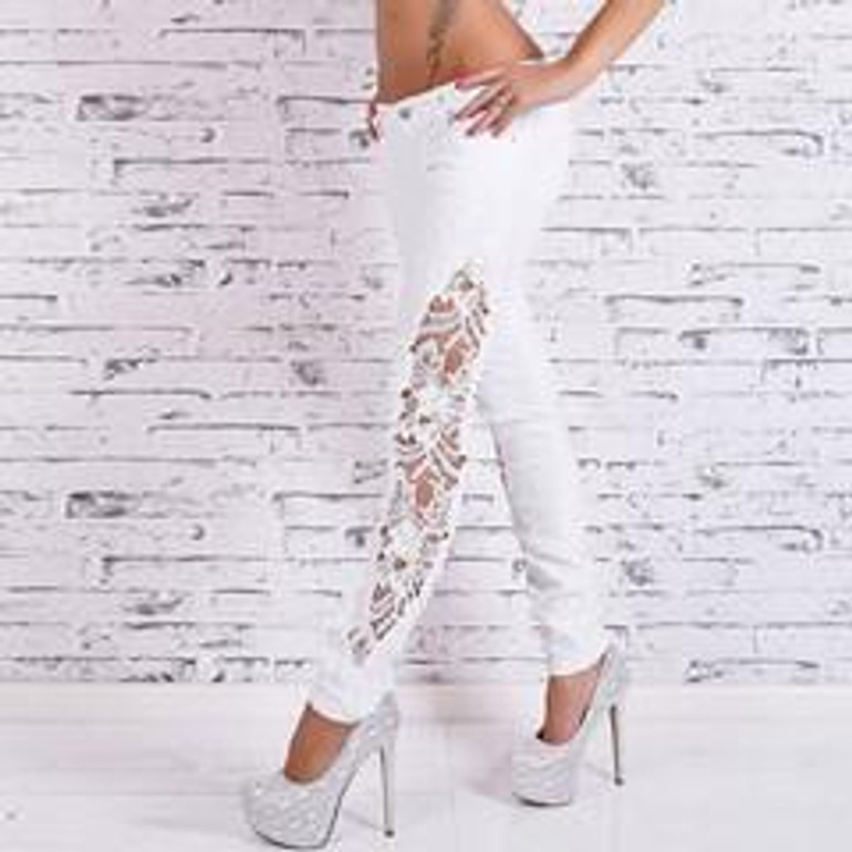 Fashion hollow out lace patchwork skinny full length jeans women pants trousers plus size for feminino ladies