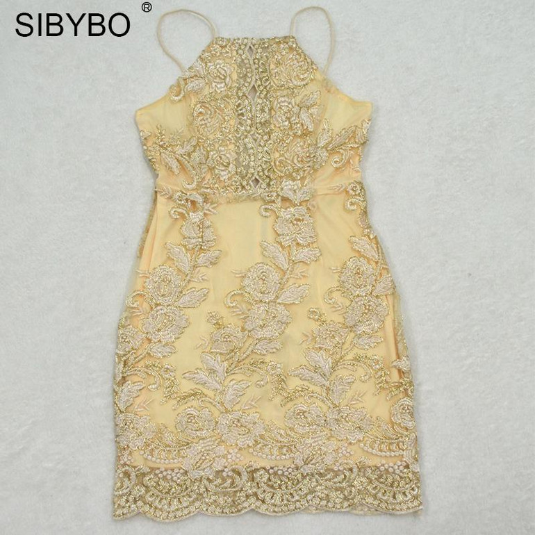 Sibybo Off Shoulder Summer Dress Women 2018 New Halter Bodycon Gold Beach Dress Sexy Cross Bandage Club Party Dresses
