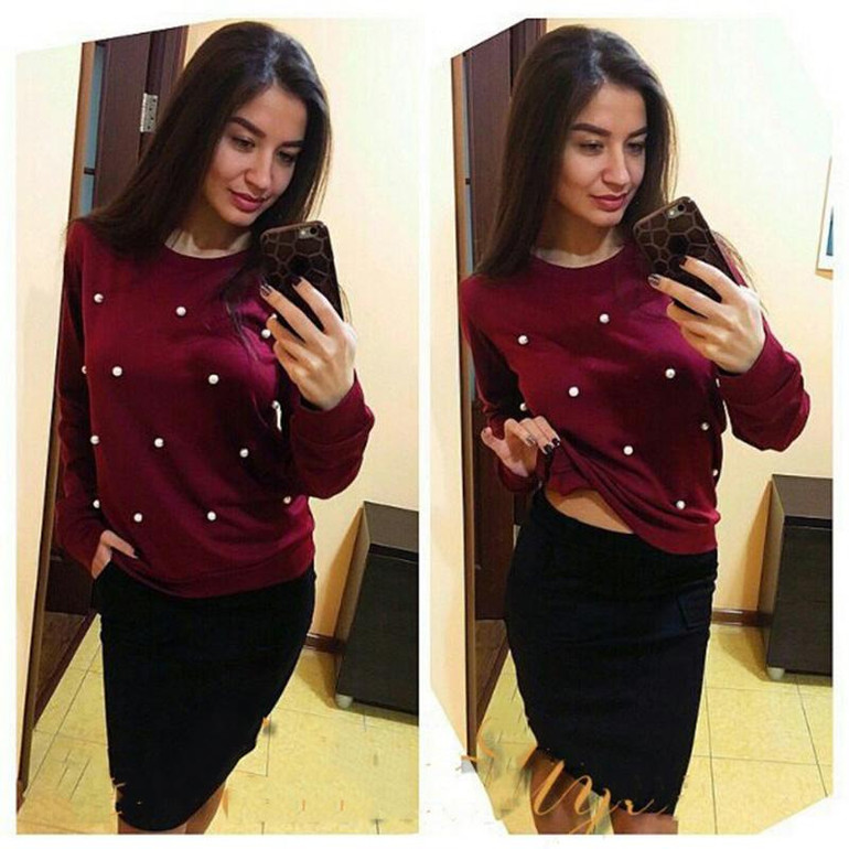 Shyloli 2017 pearls beading womens Sweatshirts Women fashion elegant Casual Autumn winter Outfit Long Sleeve O-Neck Pullover Top