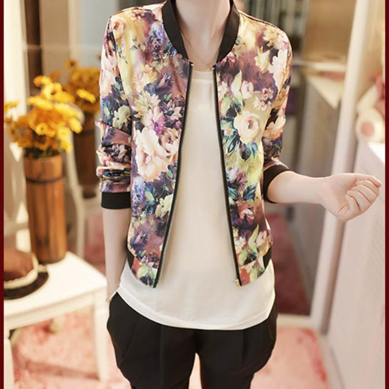 Hot Selling 1PC Women Stand Collar Long Sleeve Zipper Floral Printed Bomber Jacket