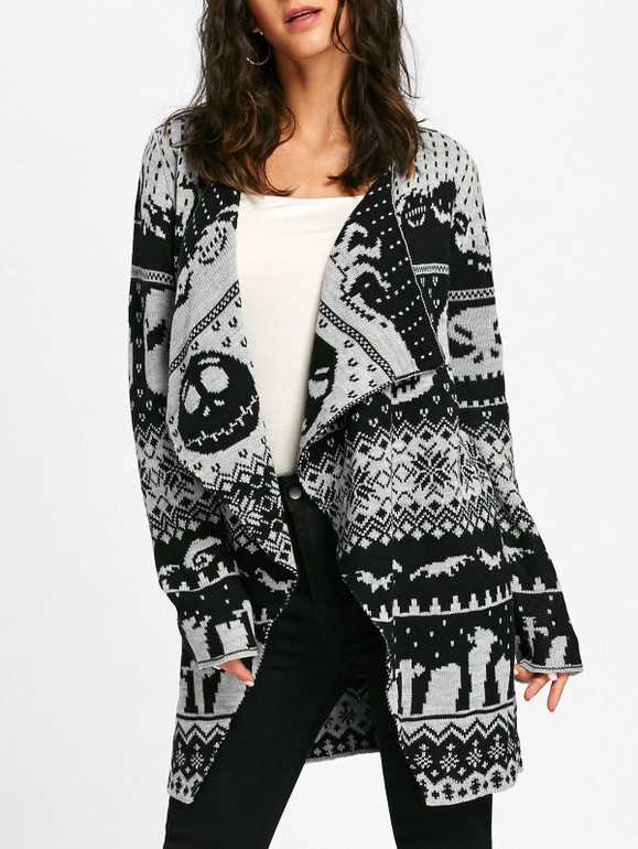 Gamiss Halloween Skull Knitting Tunic Cardigans Autumn Winter Women Long Sweaters Open Stitch Knitted Outwear Female Cardigan