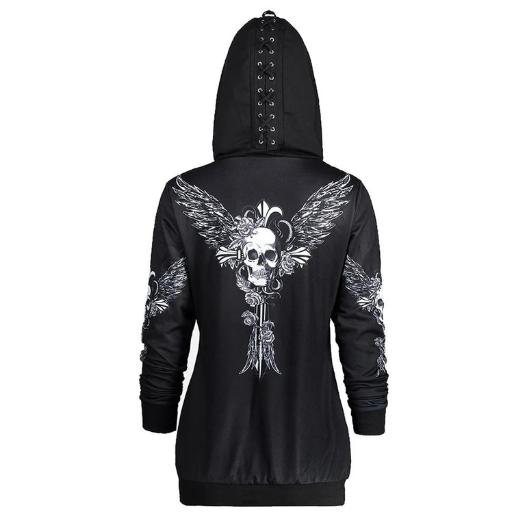 Gamiss Autumn Womens Skull Wings Print Halloween Zip Up Hoodie Long Sleeve Spring Sweatshirts Coat Cool Hoodies Sudaderas Mujer