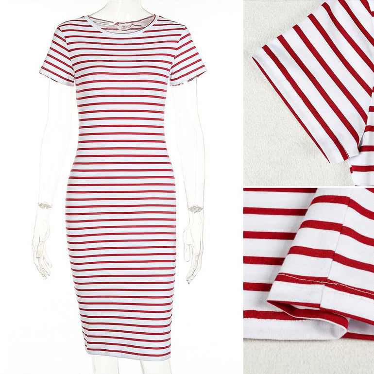 Gagaopt 2018 Striped Summer Beach Dress Women Shortsleeve Red Sexy Bodycon Office Midi Party Dresses Causal Vestidos Robes