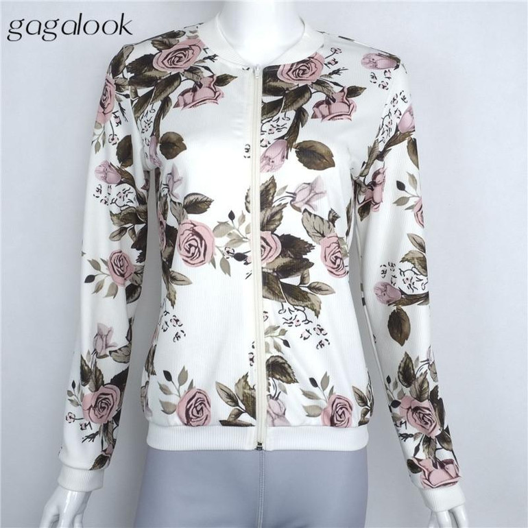 Gagalook 2016 Brand New Bomber Jacket Basic Coats Women Female Autumn Floral Print Streetwear Slim Zipper Chaquetas Mujer C0902