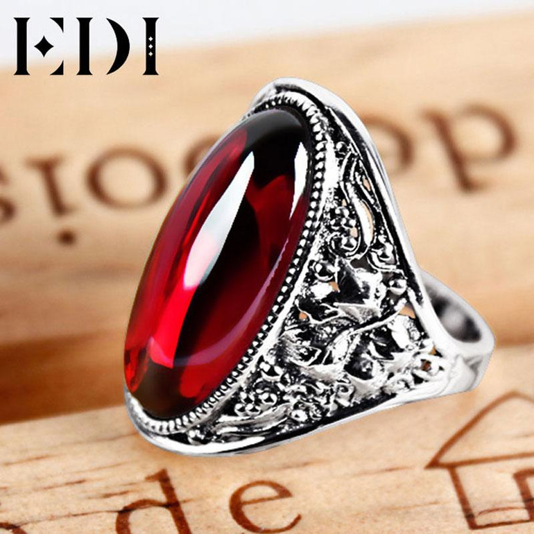 EDI 925 Sterling Silver Natural Garnet Adjustable Ring for Women Vintage Classic Sterling Silver Jewelry Wedding Rings
