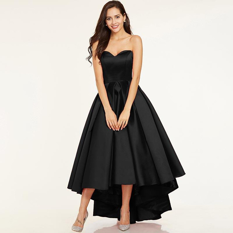 SOCCI Weekend Sweetheart Prom Dresses Sleeveless Black Satin A Line Dress Women Asymmetry Evening Party Formal Hi/Low Gowns Robo