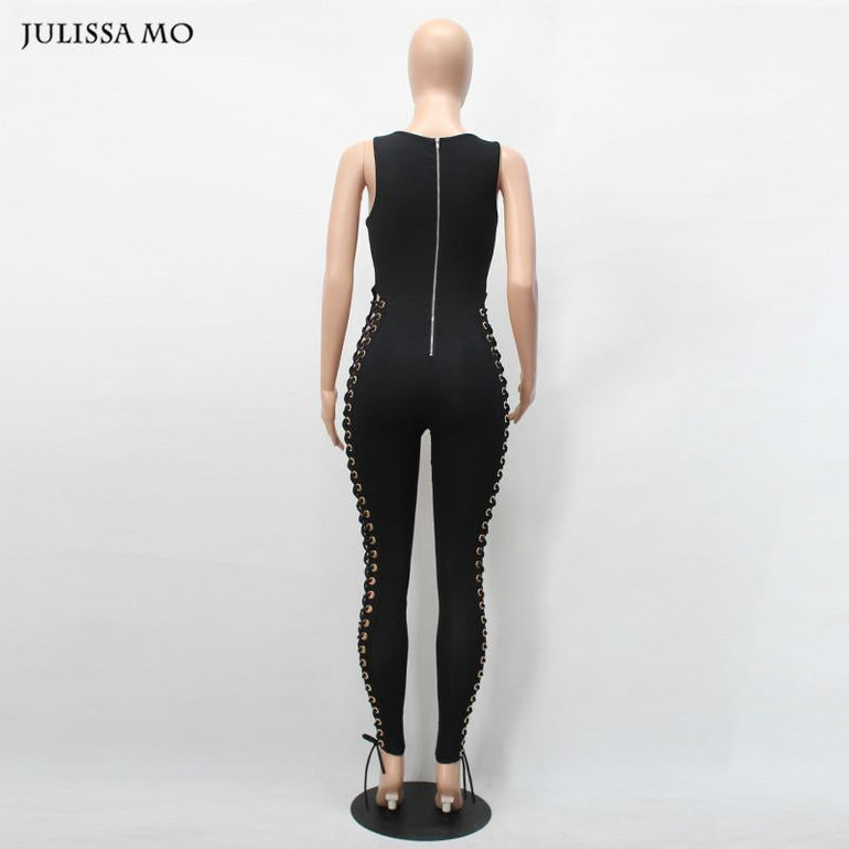 Julissa Mo 2016 Women Jumpsuit Rompers Sexy Round Neck Sleeveless Hollow Out Black Womens Playsuit Overalls