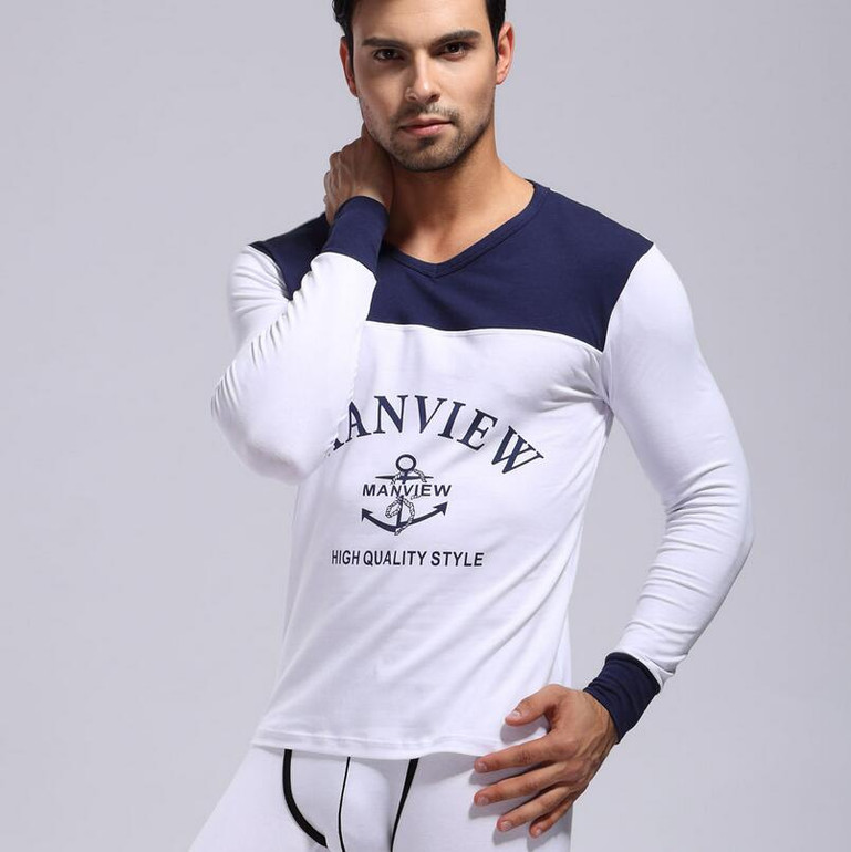 (Shirt + Pant) Men Thermal Underwear Cotton Printing Underwear Warm Quality Sleep Sets Top And Leggings Men Long Johns Set