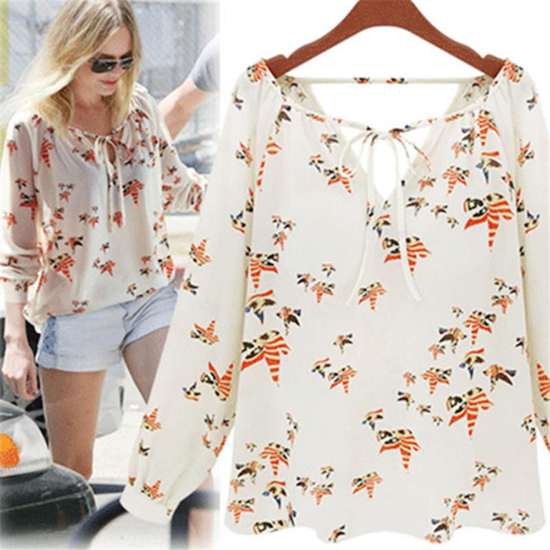 #5505 Women Summer Casual Flying Pigeon Pattern V-Neckline Long Sleeve Tether Blouse Chiffon Floral Shirt