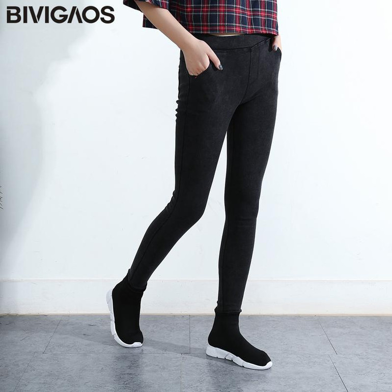 BIVIGAOS Women's Slanting Pocket Washed Jeans Leggings Pencil Pants Elastic Denim Leggings Skinny Jeans Jeggings Women Trousers BIVIGAOS Women's Slanting Pocket Washed Jeans Leggings Pencil Pants Elastic Denim Leggings Skinny Jeans Jeggings Women Trousers