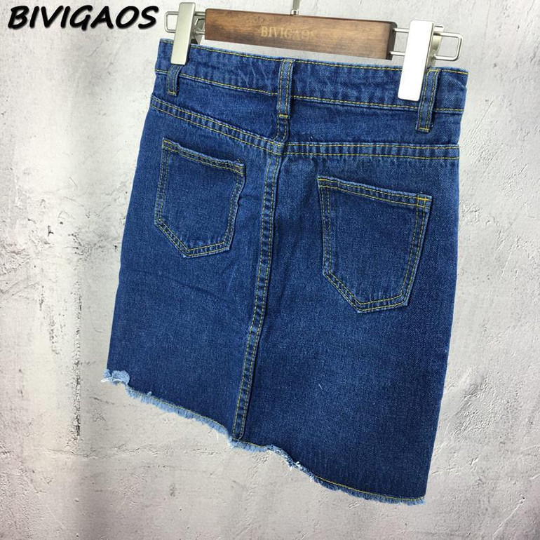 BIVIGAOS Summer Women's High Waist Skirts Hole Ripped Skirts Washed Denim Skirt Jeans Mini Short Skirts For Women Saia Jeans