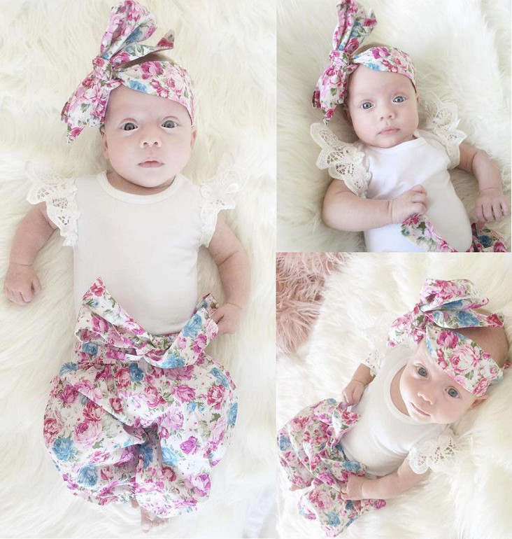 US Stock Floral Newborn Baby Girls Lace Romper Pants Headband Outfit Set Clothes Infant Toddler Girl Brief Clothing Set Playsuit
