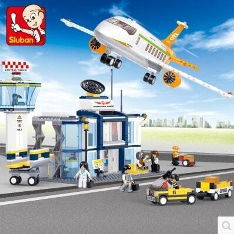 Sluban Model building kits compatible with lego city plane Airport 845 3D blocks Educational toys hobbies for children 026