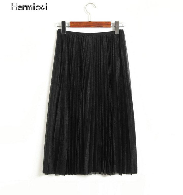 hermicci High Waist Bling Satin Look Pleated Skirt 2017 Summer Elastic Waist Midi Long Women Fashion Skirt Black Green Skirt
