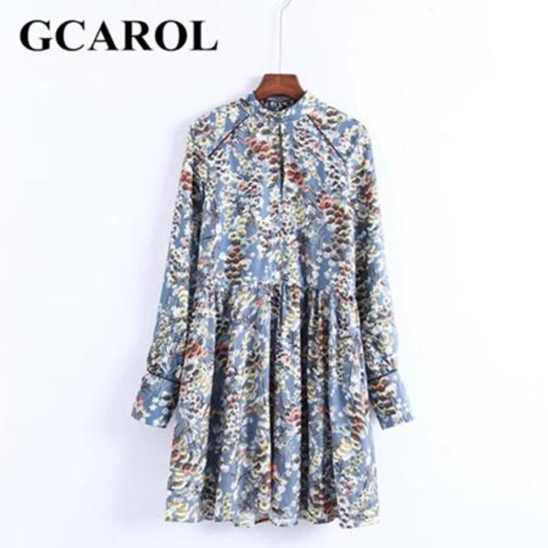 GCAROL New Arrival Stand Collar Women Floral Dress Pleased Cuff Sleeve High Quality Vintage Female Floral Dress