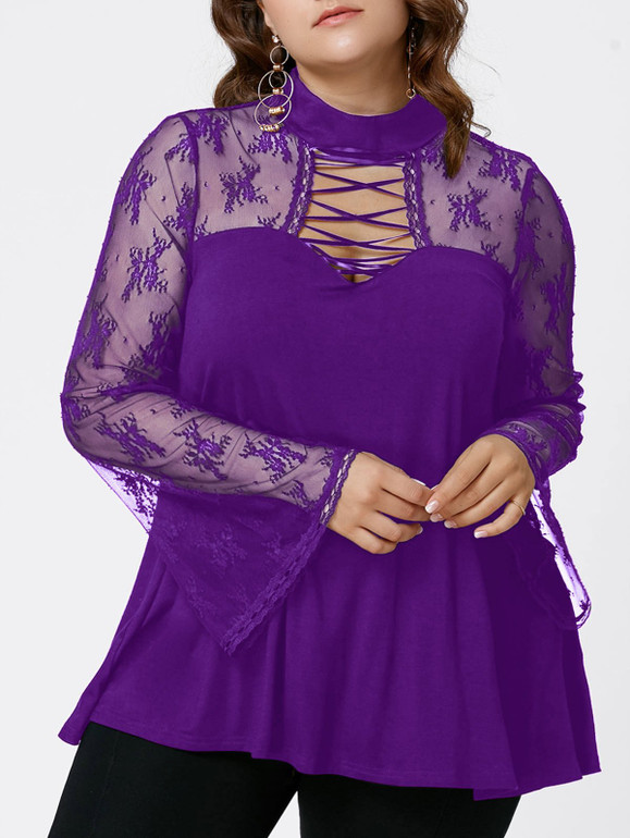 Gamiss Spring Autumn Women Lace Blouse Plus Size Flare Long Sleeve Criss Cross See Through Blouses Shirts Hollow Out Casual Tops
