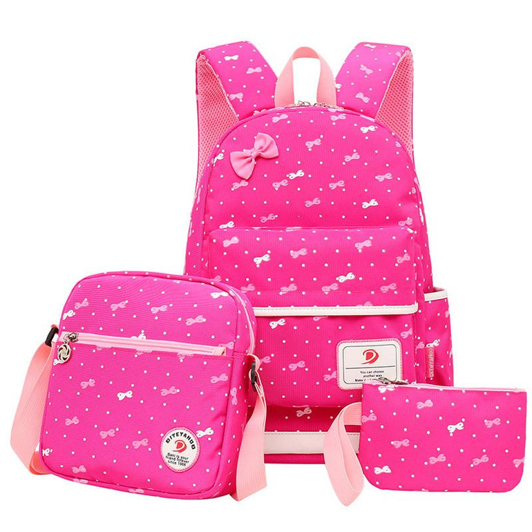 QZH 3 PCS/Set Backpacks Set Women Animal Cute Children Girls Bow Printing Schoolbags Backpack Teenager Girl School Bag