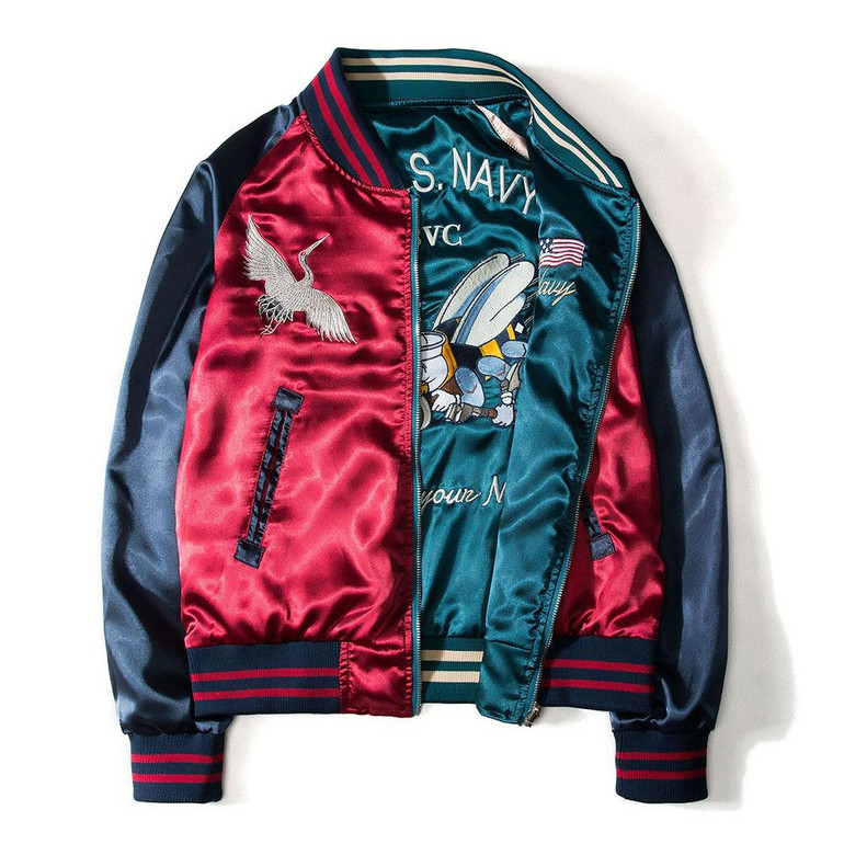 QSUPER Two Sides Luxury Embroidery Bomber Jacket Smooth Men Sukajan Yokosuka Souvenir Jacket Streetwear Hip Hop Baseball Jacket