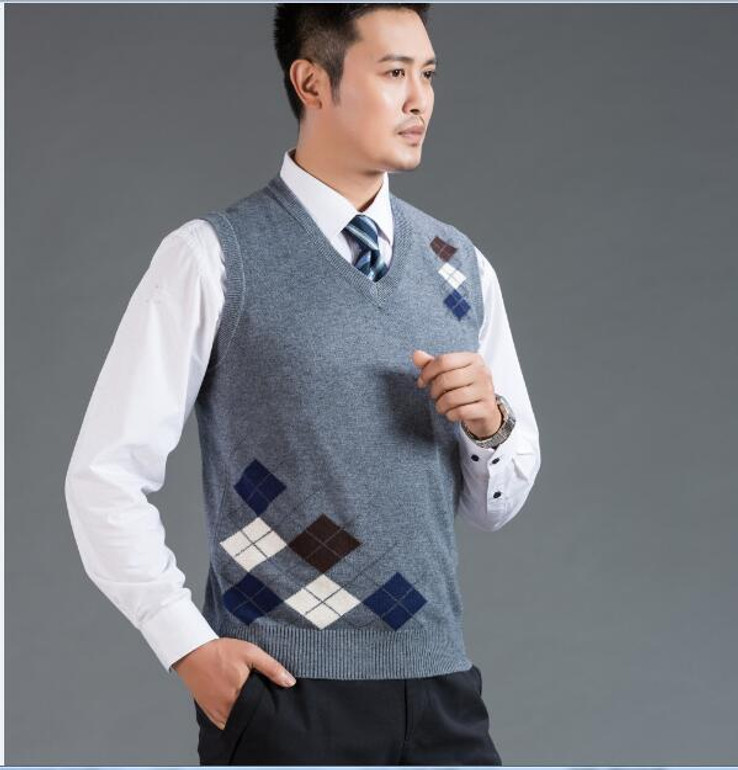 High quality autumn winter new fashion v-neck sleeveless plaid sweater men casual sweater cashmere vest