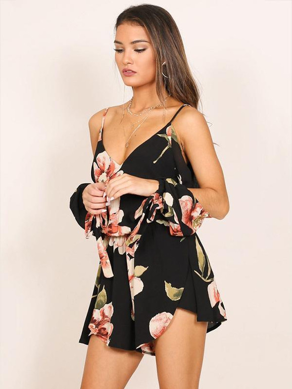 Bohemia Floral Spaghetti-neck Bowknot Romper